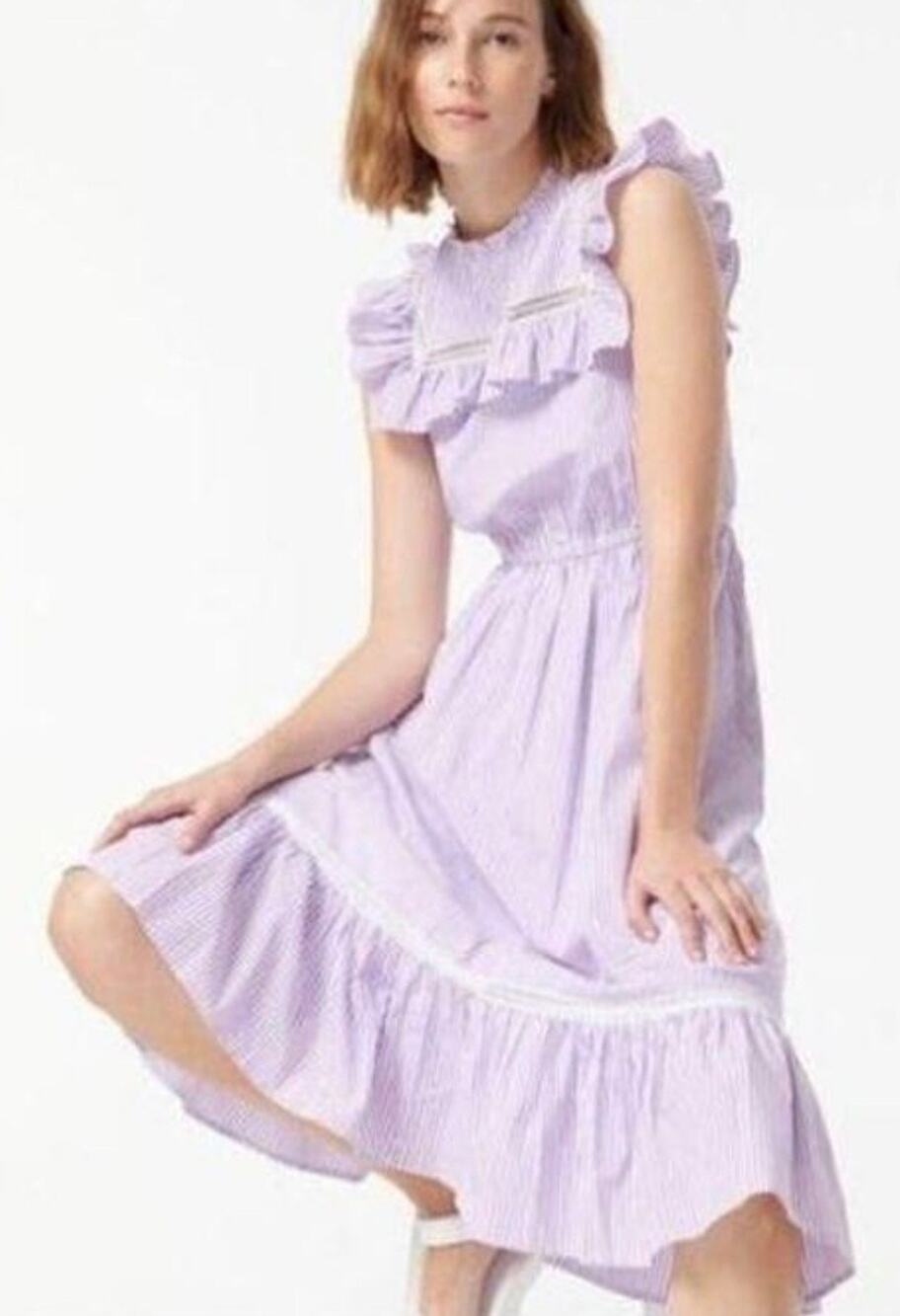 J. Crew Tiered Ruffle Midi Dress Women 2X Purple NWT Stripe Lace Cottagecore